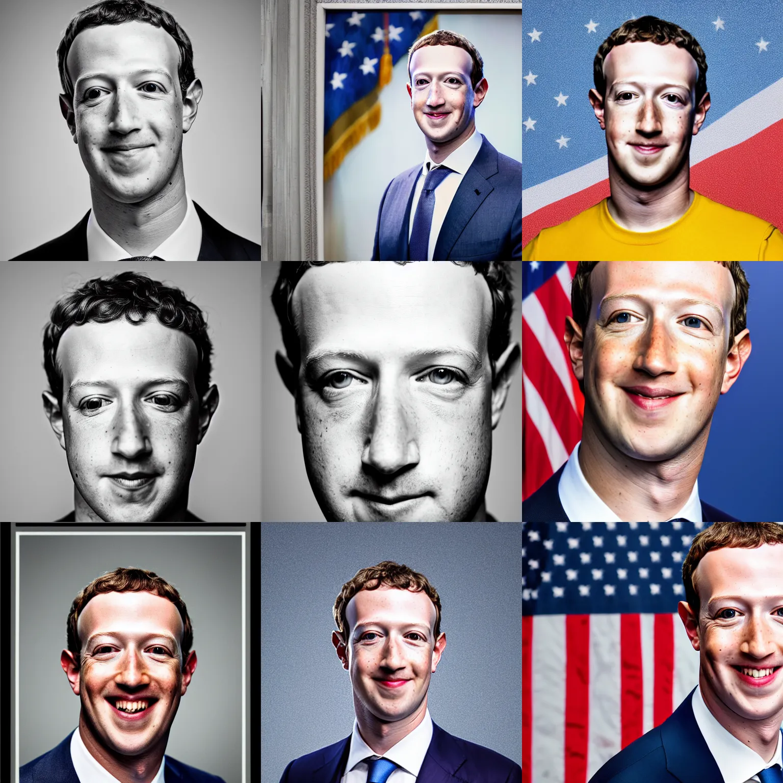 Prompt: headshot of Mark Zuckerberg as the president of the united states, official government portrait, EOS-1D, f/1.4, ISO 200, 1/160s, 8K, RAW, unedited, symmetrical balance, in-frame, Photoshop, Nvidia, Topaz AI
