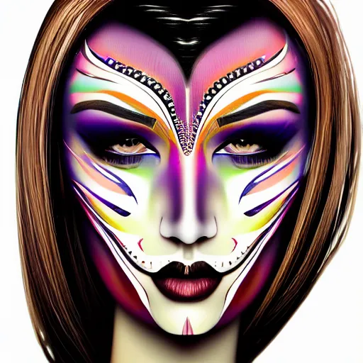 Image similar to A highly stylized digital HD painting of the face of a fembot with makeup, intricate makeup patterns on face