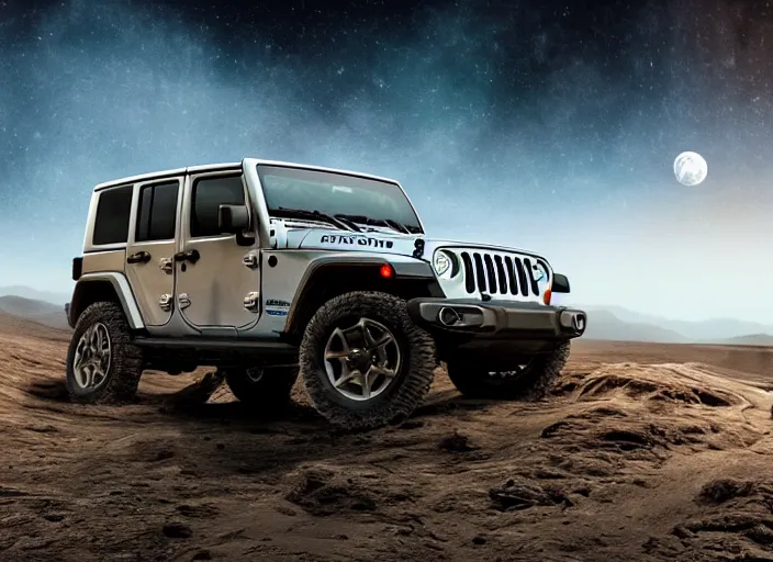 Prompt: Jeep driving across the moon, Professional Photography, Off-roading, Lunar landscape, dirt, cinematic color, photorealistic, highly detailed wheels, highly detailed, sharp, stunning, dynamic