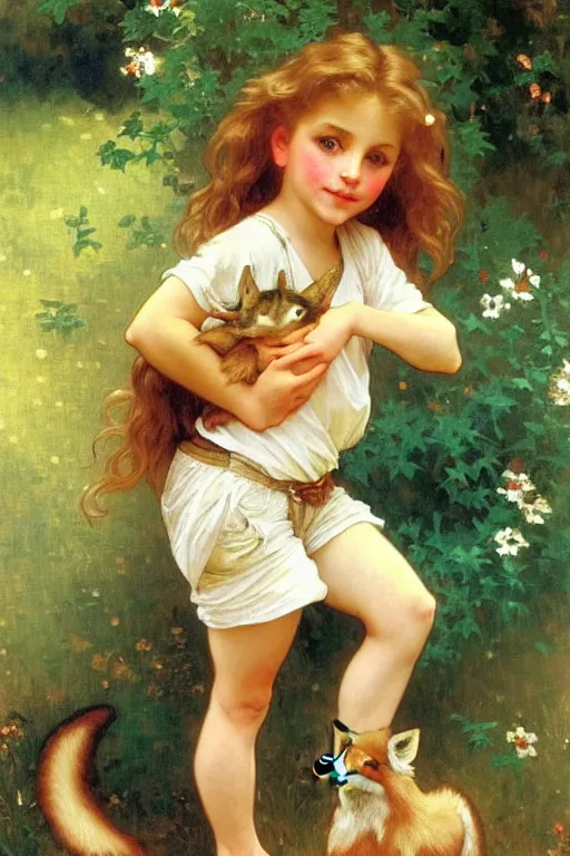 Image similar to a seven - year old with long curly dirty blonde hair, blue eyes, tan skin a tee shirt and shorts, playing with foxes, painting by daniel gerhartz, alphonse mucha, bouguereau, detailed art, artstation