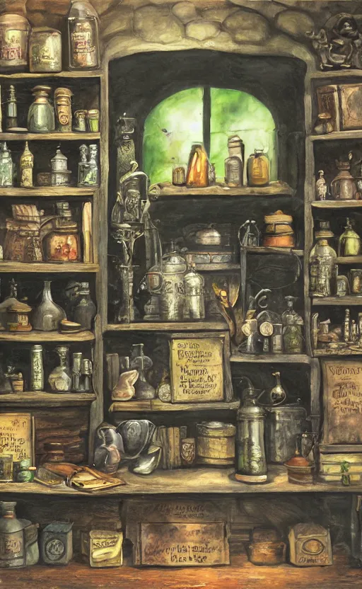 Prompt: potions Wizarding workshop, black cauldron boiling, herbs, potions in bottles, toad, matte painting, oil on canvas