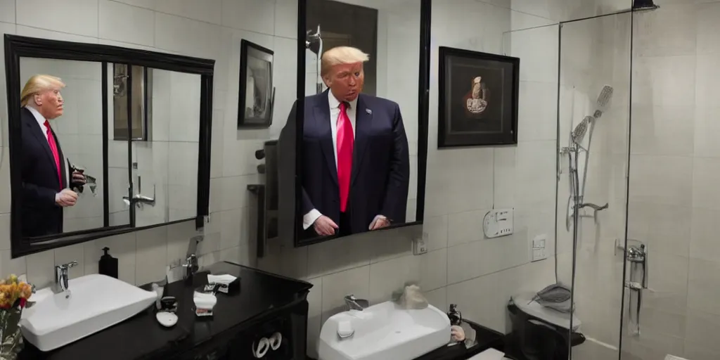 Image similar to ultra wide angle photo of donald trump dressed in a a green flannel shirt and black dress pants as clark kent looking at himself in a bathroom mirror and seeing his reflection as superman