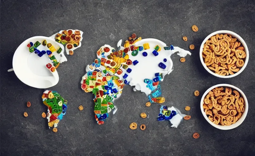 Image similar to “cereal bowl, with countries floating on the milk, each country has a soldier shooting at the other countries”