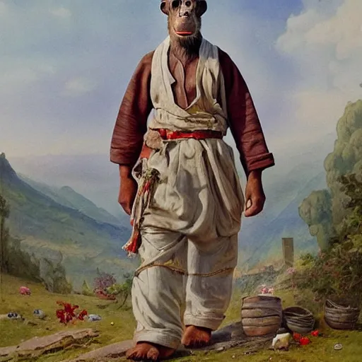 Image similar to beautiful painting by sophie anderson of a chimpanzee wearing traditional men kurdish clothes baggy pants and white shirt with a large sash tied around the waist in a kurdish village, award winning art, insanely detailed, bright colors, global illumination, cute, young, stunning