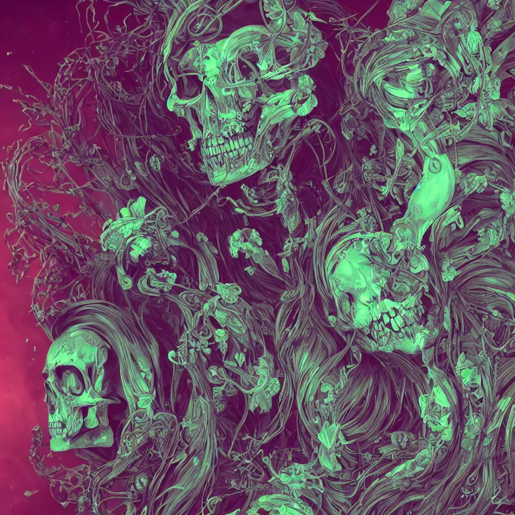 Image similar to close-up portrait goddess skull, thorax, x-ray, backbone, jellyfish phoenix head, nautilus, orchid, skull, betta fish, bioluminiscent creatures, intricate artwork by Tooth Wu and wlop and beeple. octane render, trending on artstation, greg rutkowski very coherent symmetrical artwork. cinematic, Triadic color scheme, hyper realism, high detail, black and white, octane render, 8k