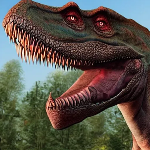 Image similar to hyper realistic rendering of a dinosaur that looks like a human, confused