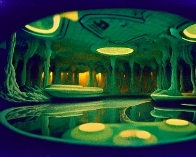 Prompt: low angle shot of a space port at night, aquatic plants, shabby chic, cinematography by Jim Jarmusch, composition by Hale Woodruff,in the style of Nan Goldin, set design by Antonin Gaudí, 35mm, graflex, color film photography