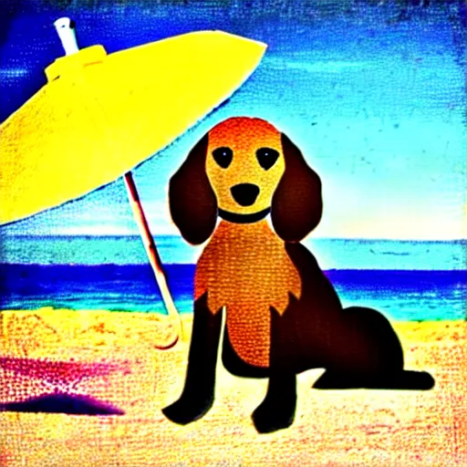 Prompt: cute brown spaniel by the seaside, parasols, bright towels, geometric, pop, sketch, artwork