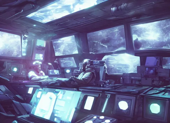 Image similar to a man sitting on a chair with things attached to his head, screens and monitors in front of him playing videos, ship interior, scifi, dramatic lighting, concept art, surreal