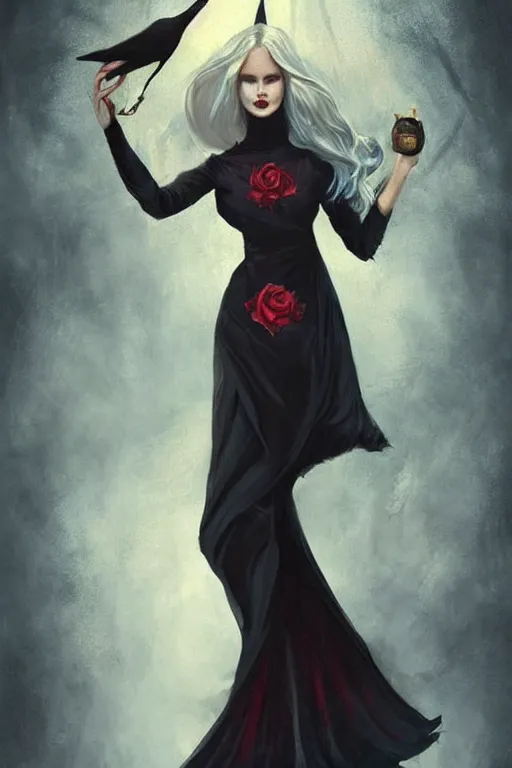 Image similar to tarot, beautiful wicked female occultist, sweeping ombre blonde hair, red eyes, high cheekbones, Victorian, black velvet dress, dark colors, magic Amulet, raven, fantasy painting, trending in Artstation, GSociety, by Charlie Bowater, Brom, Bastien Lecouffe-Deharme