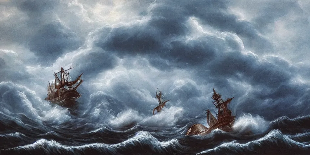 Image similar to kraken!!!!!!!!!!!!!!!! tentacles!!!!!!!!!!! stormy sea!!!!!! steamship boat dramatic clouds painting