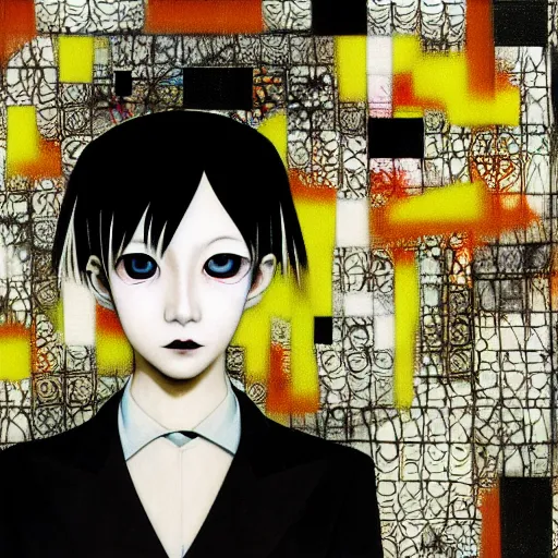 Prompt: yoshitaka amano blurred and dreamy realistic three quarter angle illustration of a young woman with black lipstick and black eyes wearing dress suit with tie, junji ito abstract patterns in the background, satoshi kon anime, noisy film grain effect, highly detailed, renaissance oil painting, weird portrait angle, blurred lost edges