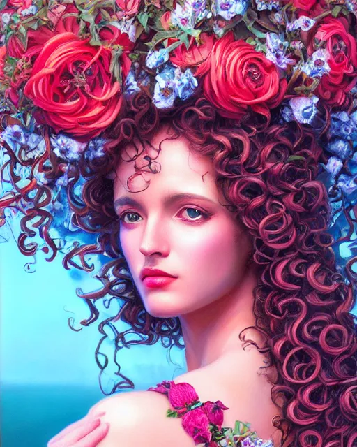 Prompt: portrait of glamor greek persephone | pomegranate | curly hair | orchard background | highly detailed | very intricate | professional model | cinematic lighting | painted by donato giancola and mandy jurgens and charlie bowater | bold colors, artdeco, art deco outrun anime aesthestic, 8 0's nostalgia | featured on artstation