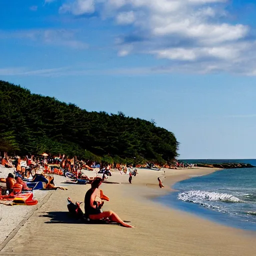 Prompt: People relaxing at Whitecrest Beach in Cape Cod