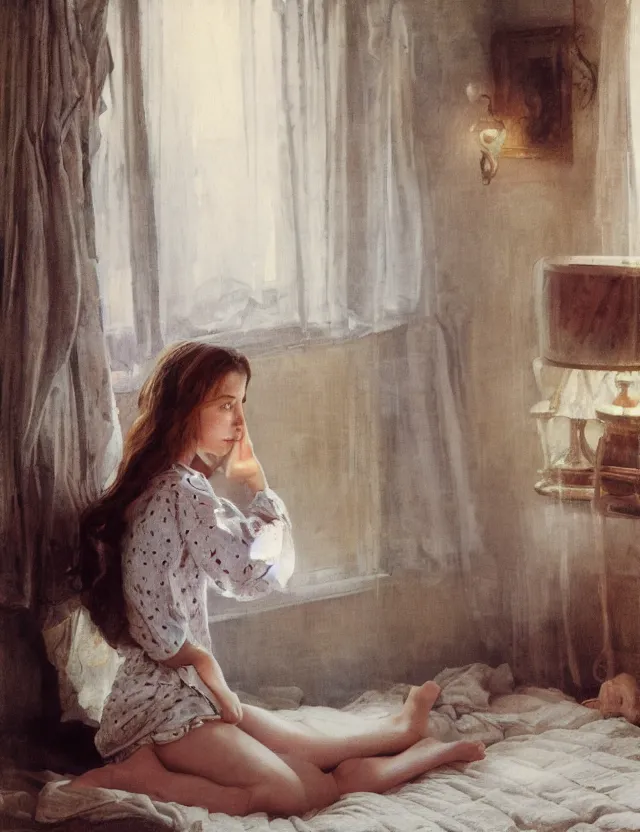 Image similar to Aristocrat girl in the cottage in the morning in a Pajama, country style, portrait, Cinematic focus, Polaroid photo, vintage, neutral colors, soft lights, foggy, by Steve Hanks, by Serov Valentin, by lisa yuskavage, by Andrei Tarkovsky 8k render, detailed, oil on canvas