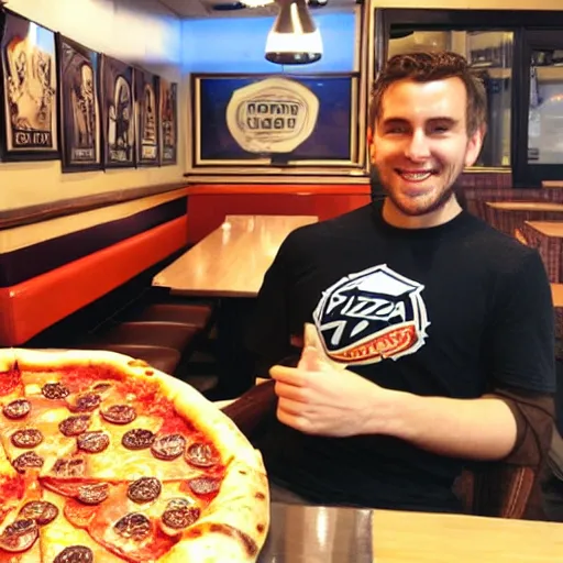 Image similar to a hockey player in a pizza restaurant