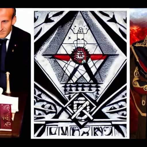 Prompt: emanuel macron hacking his way to illuminati council, freemason, hidden symbols, esoteric, matte painting, ultra detailled