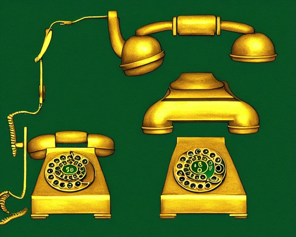 Image similar to an achingly beautiful print a golden rotary phone on a dark green background by Raphael, Hopper, and Rene Magritte. detailed, romantic, enchanting, trending on artstation.