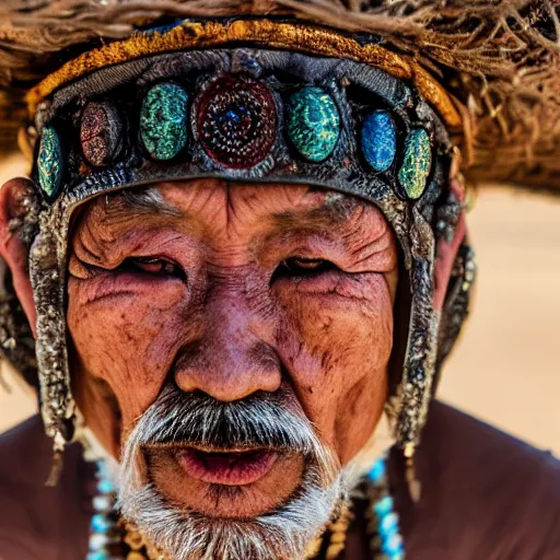 Prompt: old asian man with beard, his head covered in jewels, full face silver mask, wearing a wooden stick, in the dry rock desert, cinematic shot, wide angle, desert background, award winning photography, 8k, in the style of David Lynch, Alejandro Jodorowsky and Gaspar Noe