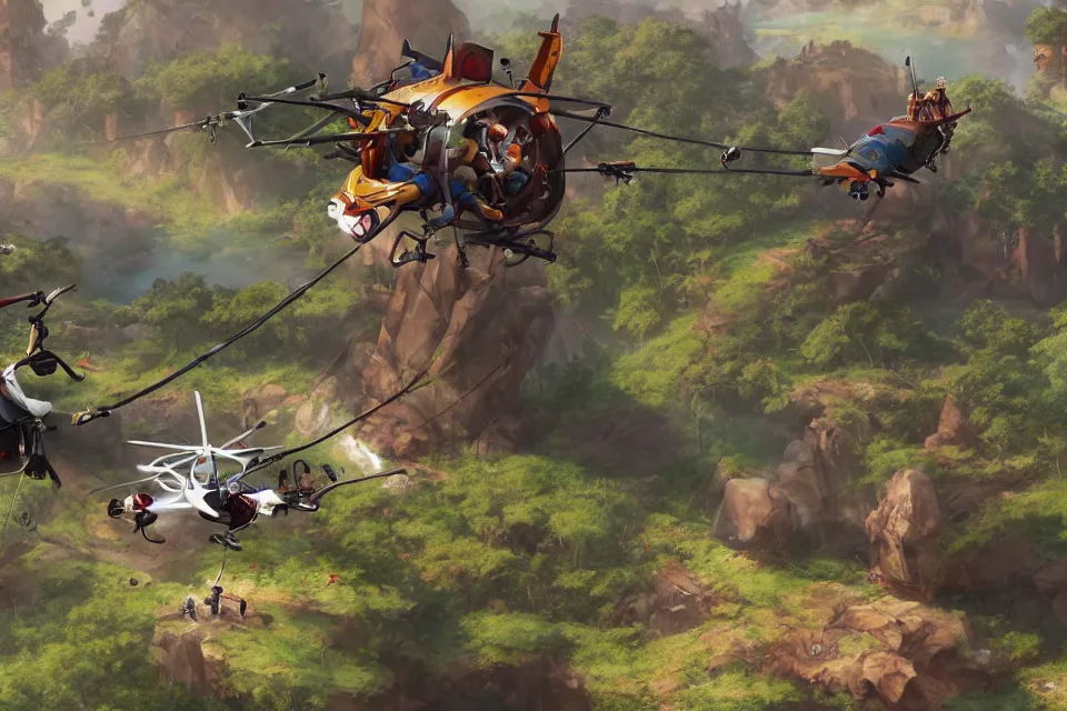 Image similar to pudge hooking gyrocopter with chen helping in background, unreal 5, high detailed, fantasy matte painting, super wide angle