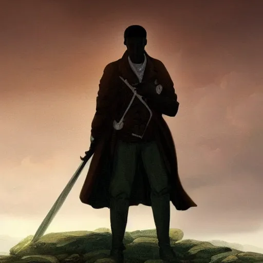 Image similar to dark-skinned man standing tall on a cliff fog clouds clothed in military uniform holding sword in the style of CASPAR DAVID FRIEDRICH atmosphere artstation deviantart acrylic