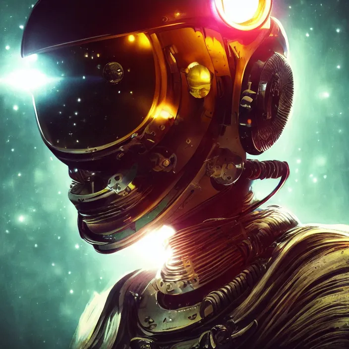 Image similar to portrait art of 8k ultra realistic retro futuristic astronaut helmet, lens flare, atmosphere, glow, detailed,intricate,blade runner, cybernetic, full of colour, cinematic lighting, trending on artstation, 4k, hyperrealistic, focused, extreme details,unreal engine 5, cinematic, masterpiece, art by ayami kojima, giger