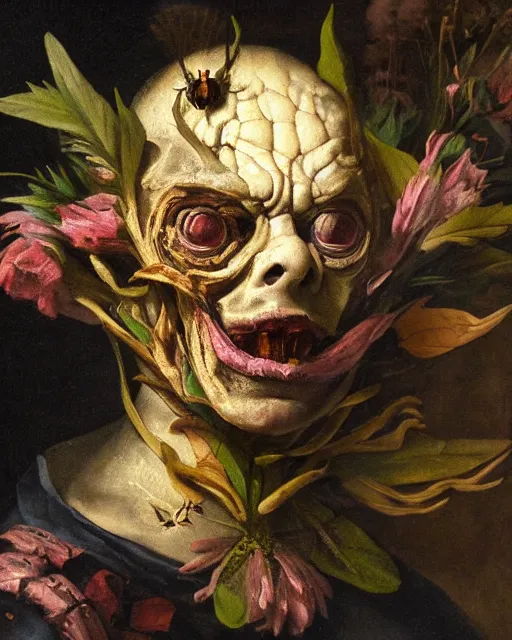 Image similar to oil painting portrait dark background of a mutant man with a strange disturbing face made of flowers and insects by otto marseus van schriek rachel ruysch christian rex van minnen dutch golden age dramatic lighting chiaroscuro