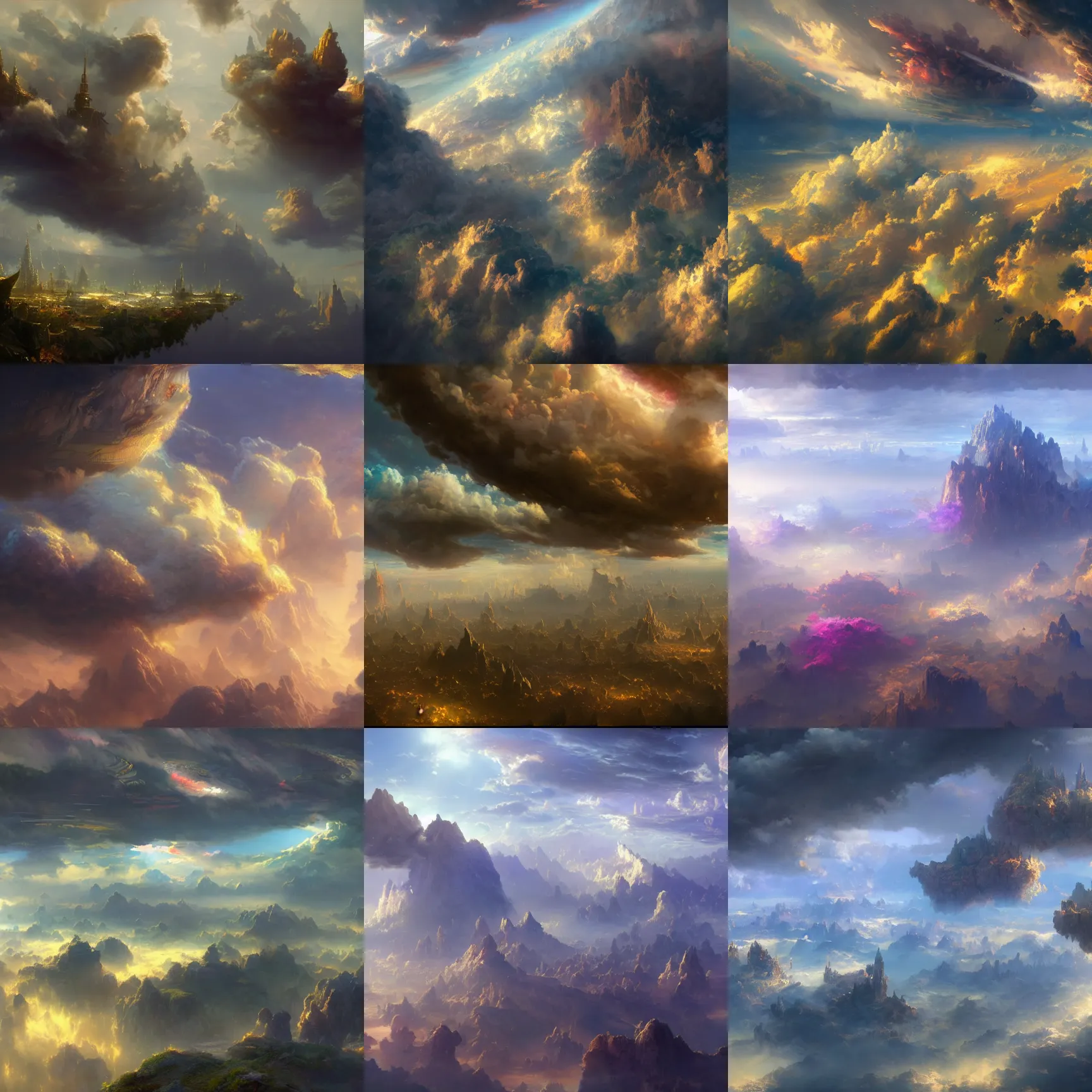 Prompt: A highly detailed 4K fantasy matte painting of a large, beautiful, endless clouds. floating cities. vibrant multicolor. Craig Mullins, ArtStation, CGSociety, Unreal Engine