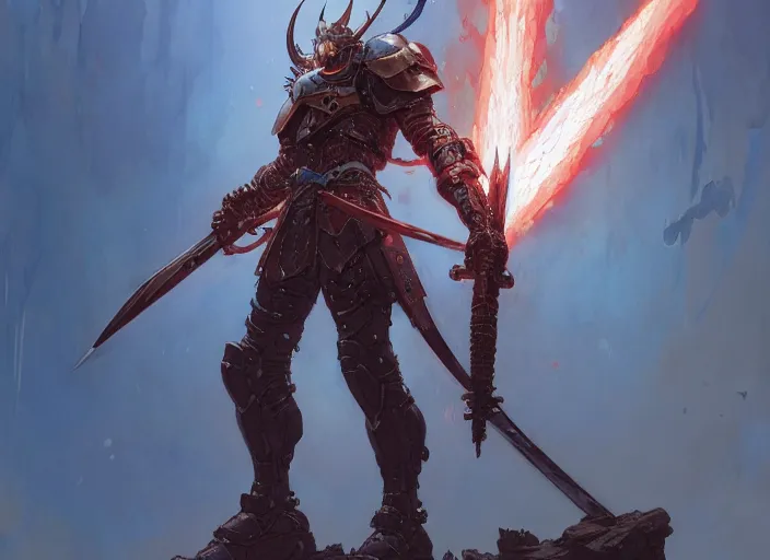 Image similar to character design digital 2 d man viking cape evangelion cyborg blue armor sword of fire by gaston bussiere, anna nikonova aka newmilky, greg rutkowski, yoji shinkawa, yoshitaka amano, tsutomu nihei, muira, moebius, donato giancola, trending on artstation, featured on pixiv