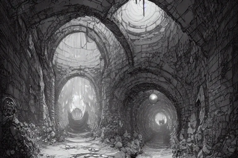 Image similar to black and white one point perspective meadhall dungeon cozy fantasy dungeon hallway view with pit in the middle of the ground by artgerm and Craig Mullins, James Jean, Andrey Ryabovichev, Mark Simonetti and Peter Morbacher 16k