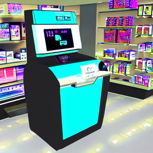 Prompt: vaporwave breakable convenience store robo - cashier