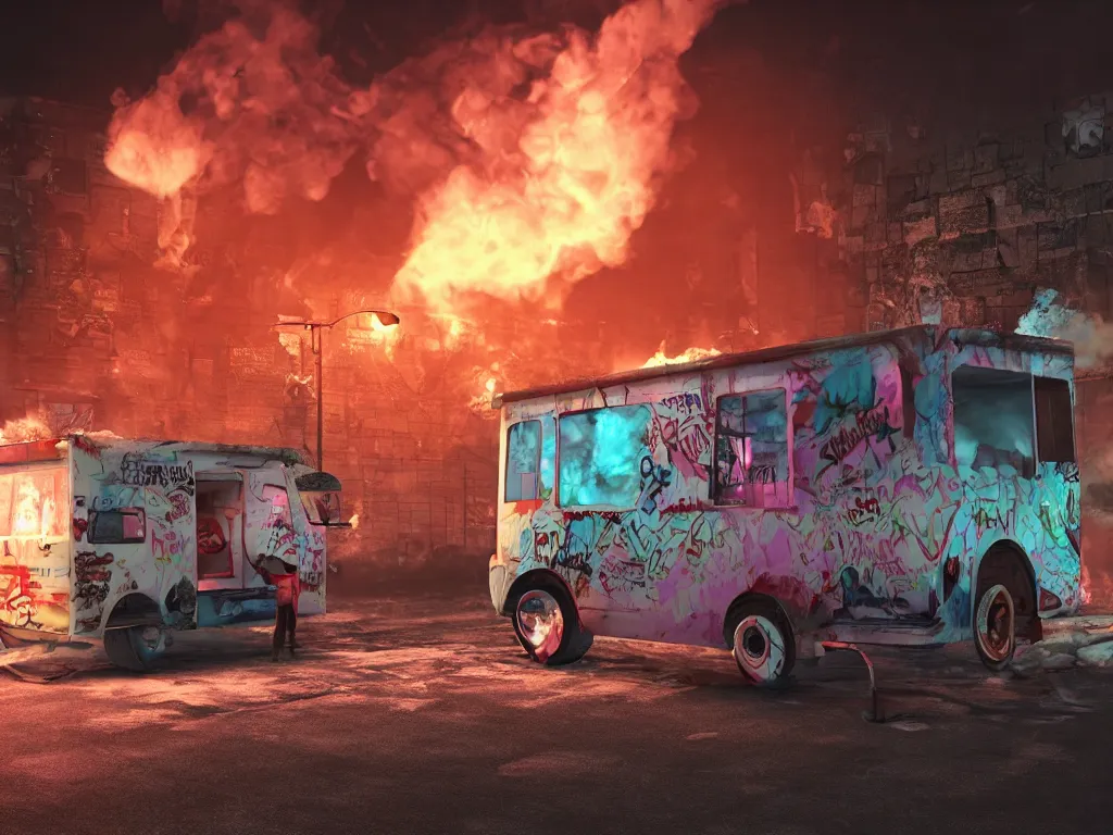 Prompt: graffiti covered Ice cream truck on fire at night, vapor wave, volumetric lighting, haunting atmosphere, gothic, photorealistic, hyperdetailed 3D render, hyperrealism, hyperrealistic, cinematic, silent hill, horror style