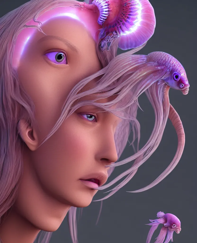 Image similar to goddess princess beautiful face close-up portrait ram skull zbrush sculpt. jellyfish phoenix head, nautilus, orchid, skull, betta fish, bioluminiscent creatures, intricate artwork by Tooth Wu and wlop and beeple. octane render, trending on artstation, greg rutkowski very coherent symmetrical artwork. cinematic, hyper realism, high detail, octane render, 8k