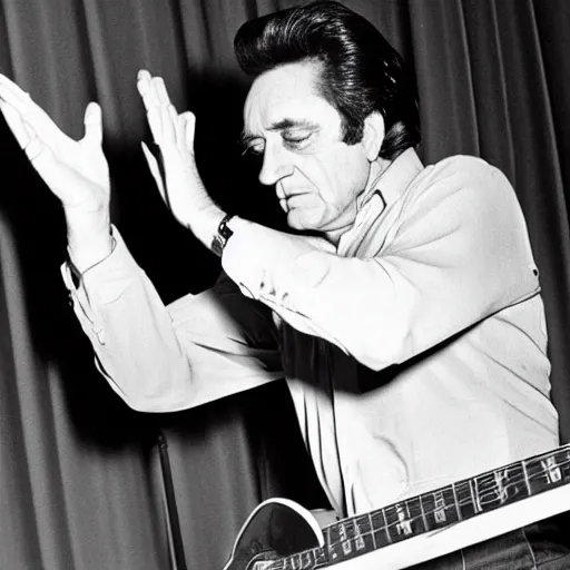 Image similar to Johnny Cash in the 1970's playing a Theremin, black and white photograph