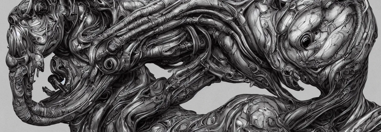 Image similar to engineer alien bood face by Artgerm, xenomorph alien, highly detailed, symmetrical long head, blood color, smooth marble surfaces, detailed ink illustration, raiden metal gear, cinematic smooth stone, deep aesthetic, concept art, post process, 4k, carved marble texture and silk cloth, latex skin, highly ornate intricate details, prometheus, evil, moody lighting, hr geiger, hayao miyazaki, indsutrial Steampunk