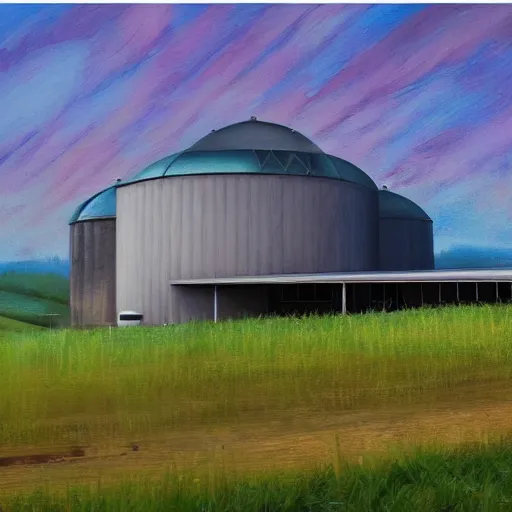 Image similar to exterior view of modern futuristic farm barn architecture, silo, feed troughs, cows, pigs, chickens, detailed luminescent oil painting 4 k