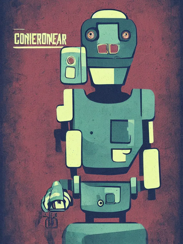 Image similar to tierra connor style poster illustration of a sad retro science fiction robot in a city neighbourhood, vintage muted colors, some grungy markings