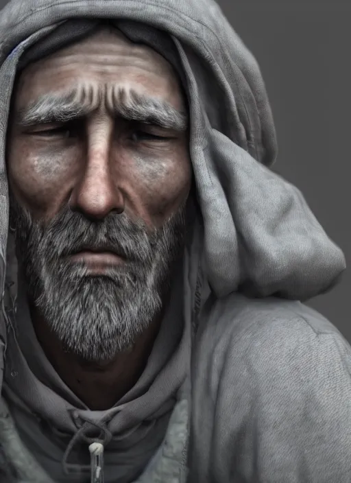 Prompt: portrait of homeless person ; tired and sad ; unreal engine ; wide angle ; photorealistic ; highly detailed