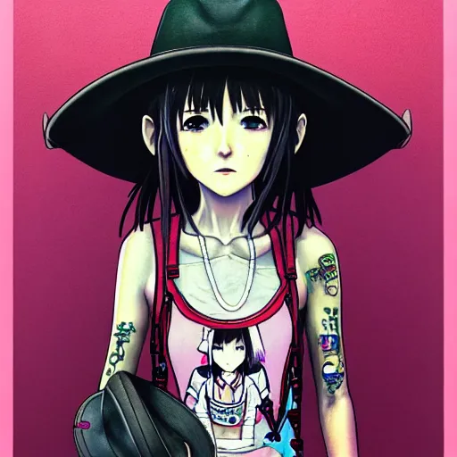Image similar to full view of girl from serial experiments lain, with tattoos, wearing cowboy hat, style of yoshii chie and hikari shimoda and martine johanna, highly detailed