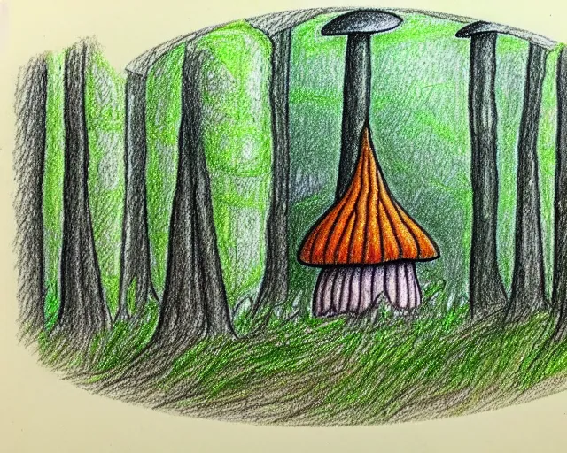 Prompt: forest with tall mushrooms, small house is in the center, detailed drawing