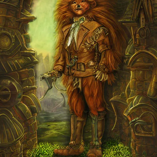 Image similar to detailed fantasy painting of steampunk Cowardly Lion from Wizard of Oz hiding from people in the Emerald City, 8k resolution