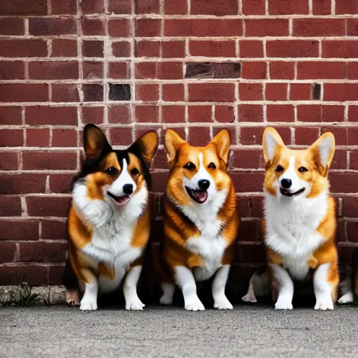 Prompt: Corgis standing in an alley, facing away from the camera, seductively looking back. Photograph, 4k, realistic, mood lighting