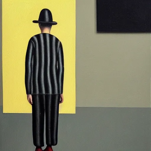 Image similar to a painting of a man wearing striped shirt, a surrealist painting by gertrude abercrombie. surrealism, dark, low contrast, featured on pixiv, precisionism, surrealist, art on instagram, detailed painting