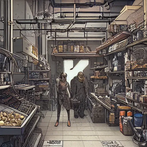 Image similar to cyberpunk merchant in their shop, Industrial Scifi, detailed illustration, Chiaroscuro, concept art, blade runner 2049, by Martin Grip and Moebius