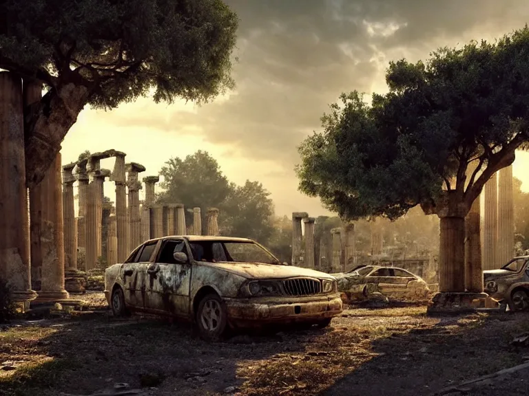 Prompt: a tree growing on a scrap car in ancient greek ruins, gray wasteland, many scrap cars, overgrown, pillars and arches, vines, hyperrealistic, highly detailed, cinematic, ray of golden sunlight, beautiful, cgsociety, artstation, 8 k, oil painting by greg rutkowski, by artgerm, by wlop