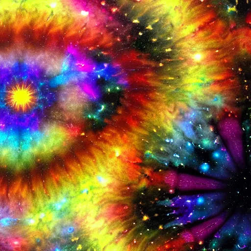 Image similar to a painting of a black portal!! in outer space, surrounded by fractals!, galaxies, and clouds!! of kaleidoscopic colors, trending on art station