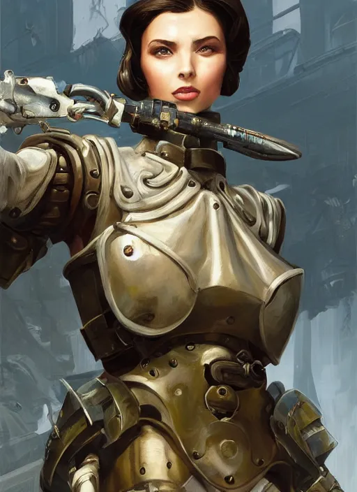 Image similar to a professional painting of a beautiful young female fashion model, dressed in military armor, olive skin, long dark hair, beautiful bone structure, symmetrical facial features, intricate, elegant, digital painting, concept art, smooth, sharp focus, illustration, from Bioshock, by Ruan Jia and Mandy Jurgens and Artgerm and William-Adolphe Bouguerea