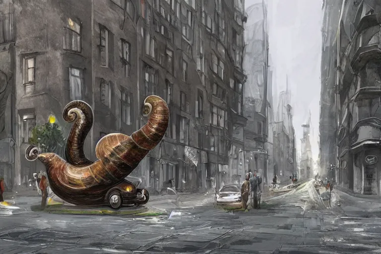 Image similar to concept art of a giant 1 0 meters high snail on the streets of a city