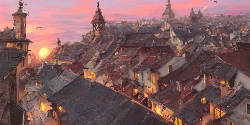 Image similar to stunning painting of a cats running on rooftops during sunset by krenz cushart