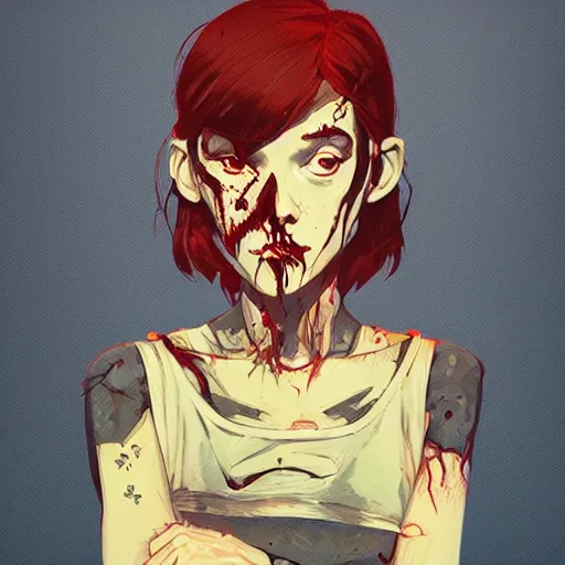 Image similar to Highly detailed portrait of a punk zombie young lady by Atey Ghailan, by Loish, by Bryan Lee O'Malley, by Cliff Chiang, ((dark blue moody background))